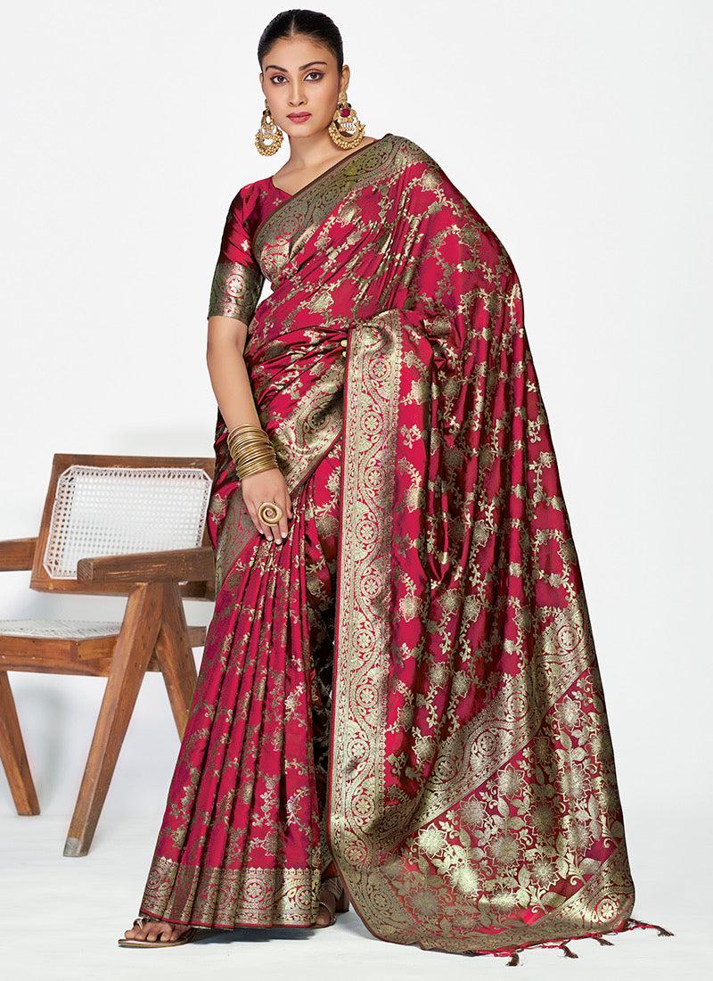 Elegant Banarasi silk saree by Saree Ghor Charlotte featuring intricate gold zari work and traditional cultural design for women.