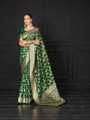 Elegant Banarasi Silk saree by Saree Ghor Charlotte with intricate gold zari work, traditional cultural wear for women.