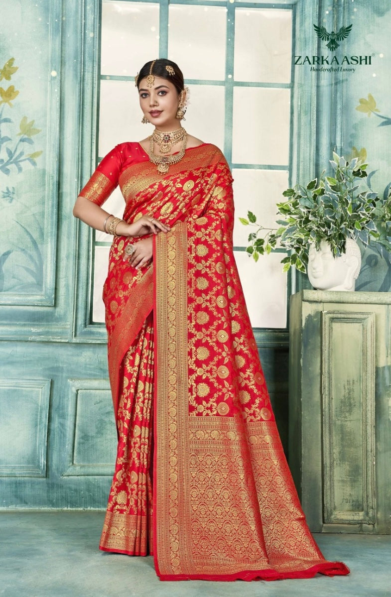 Elegant Katan Silk Saree by Saree Ghor Charlotte featuring traditional cultural wear for women, with intricate silk patterns.