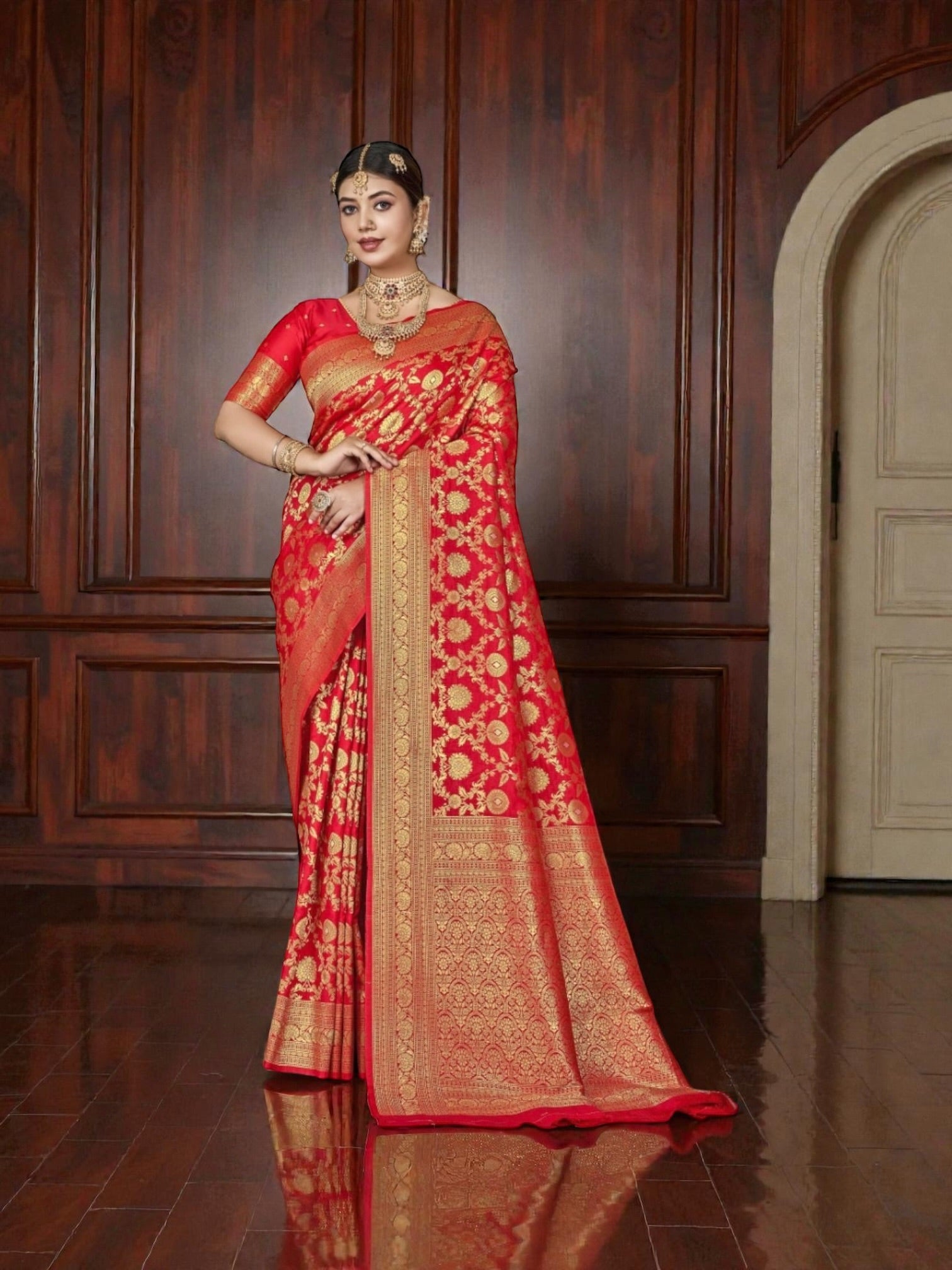 Elegant Katan Silk Saree by Saree Ghor Charlotte showcasing traditional Indian cultural wear for women.