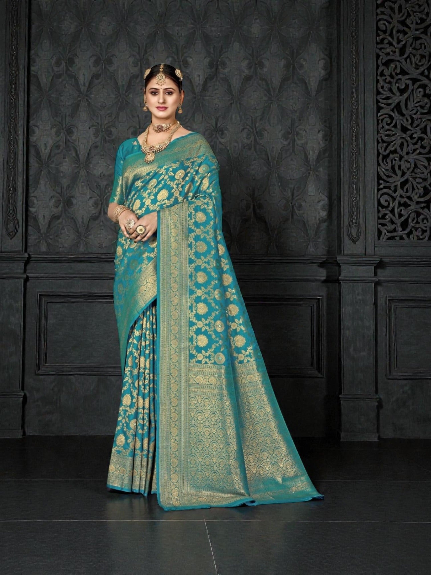 Elegant Katan Silk saree by Saree Ghor Charlotte featuring traditional design, cultural wear for women, shown in the image.