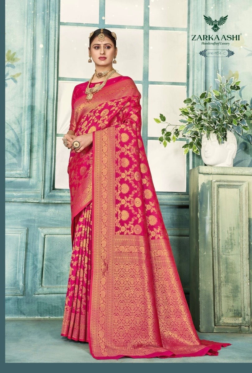 Katan Silk Traditional Saree by Saree Ghor Charlotte, showcasing intricate patterns and vibrant colors for cultural wear.