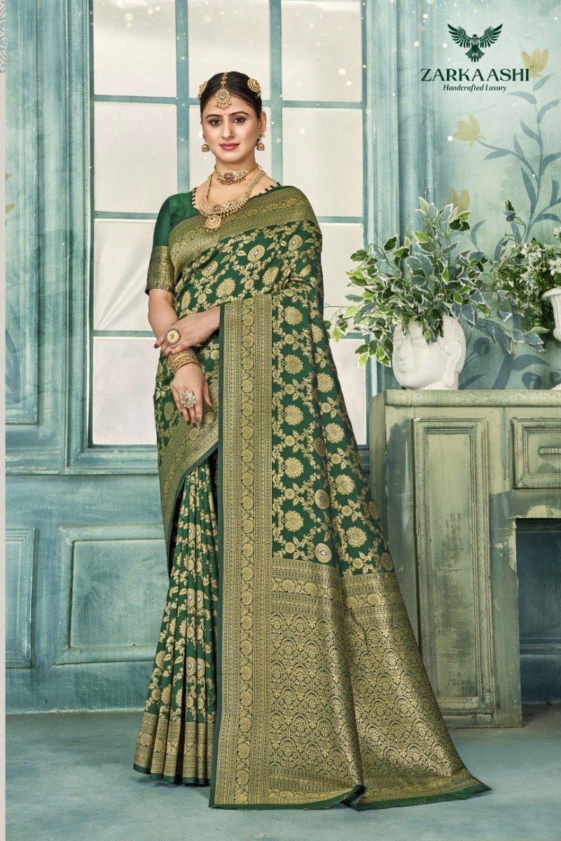 Elegant Katan Silk saree by Saree Ghor Charlotte featuring intricate traditional patterns for women's cultural wear.