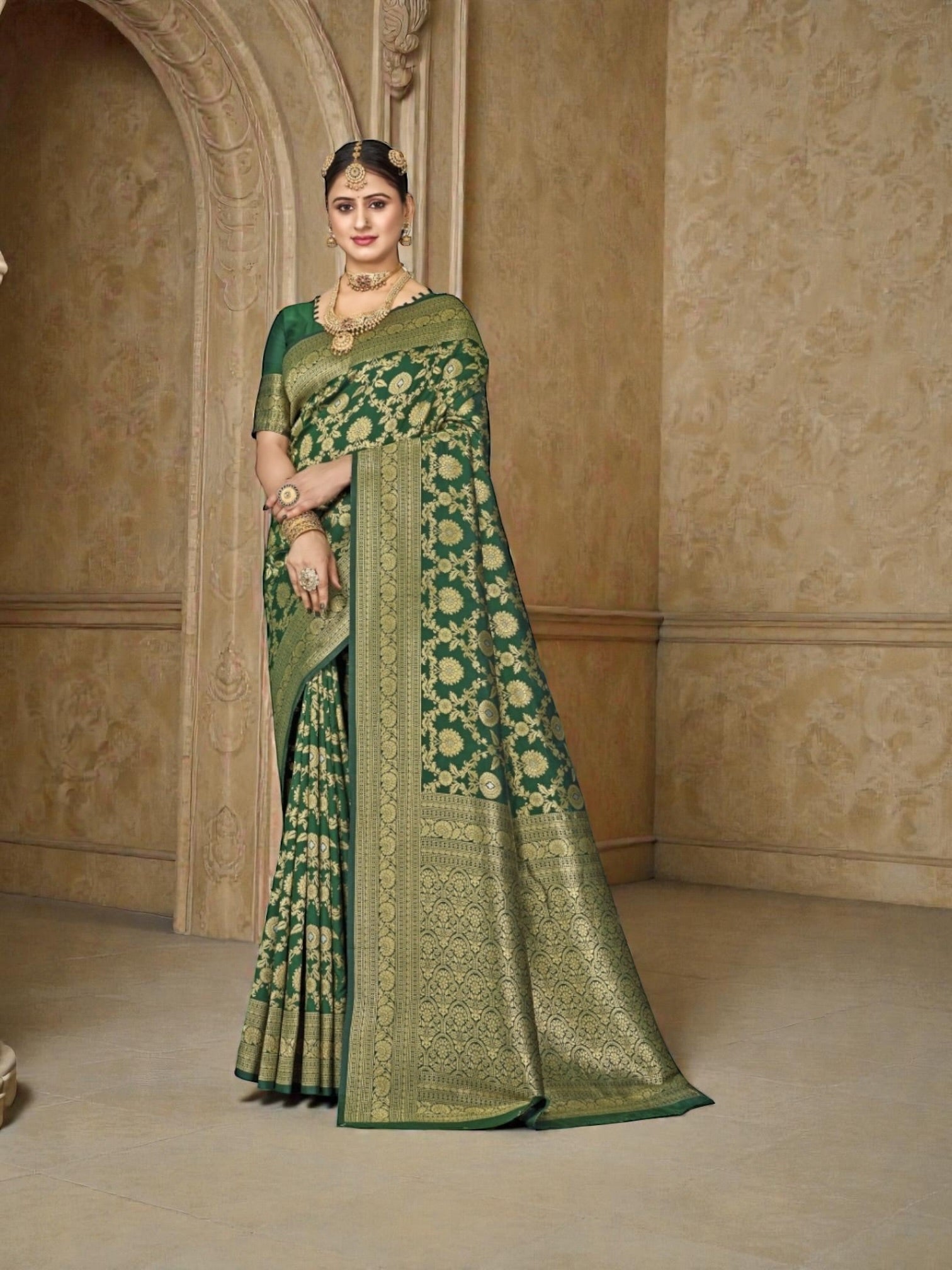Elegant Katan Silk Saree by Saree Ghor Charlotte featuring intricate traditional design for women's cultural wear.