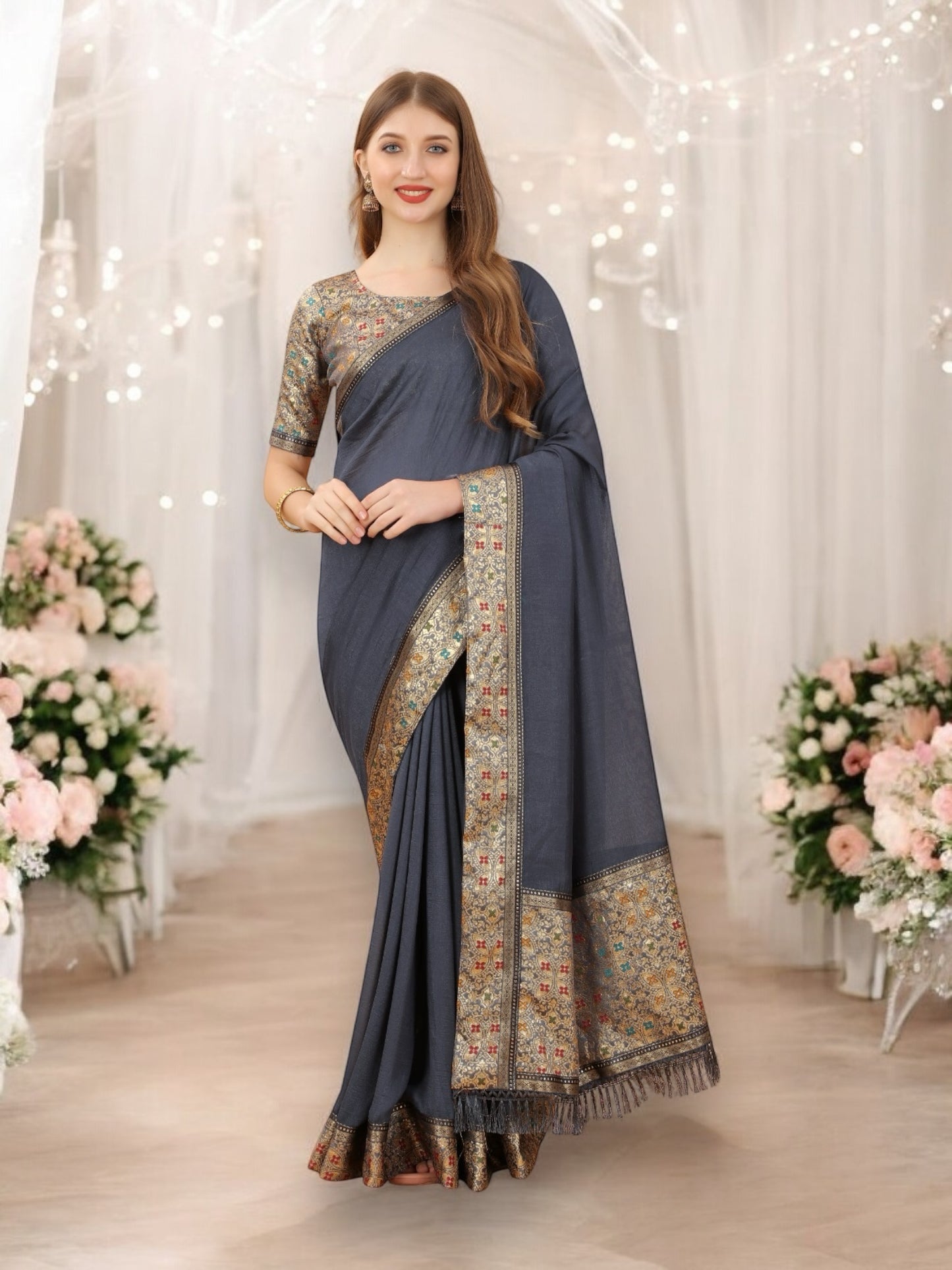 Vichitra Silk Embroidery Saree – Elegant Ethnic Wear for Women- 04