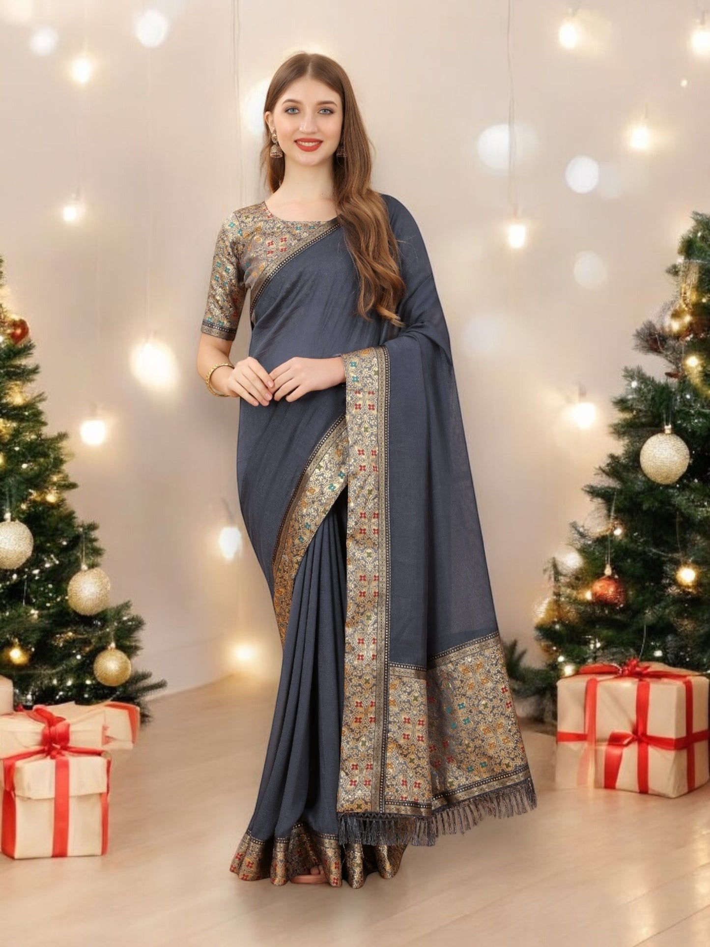 Vichitra Silk Embroidery Saree – Elegant Ethnic Wear for Women- 04