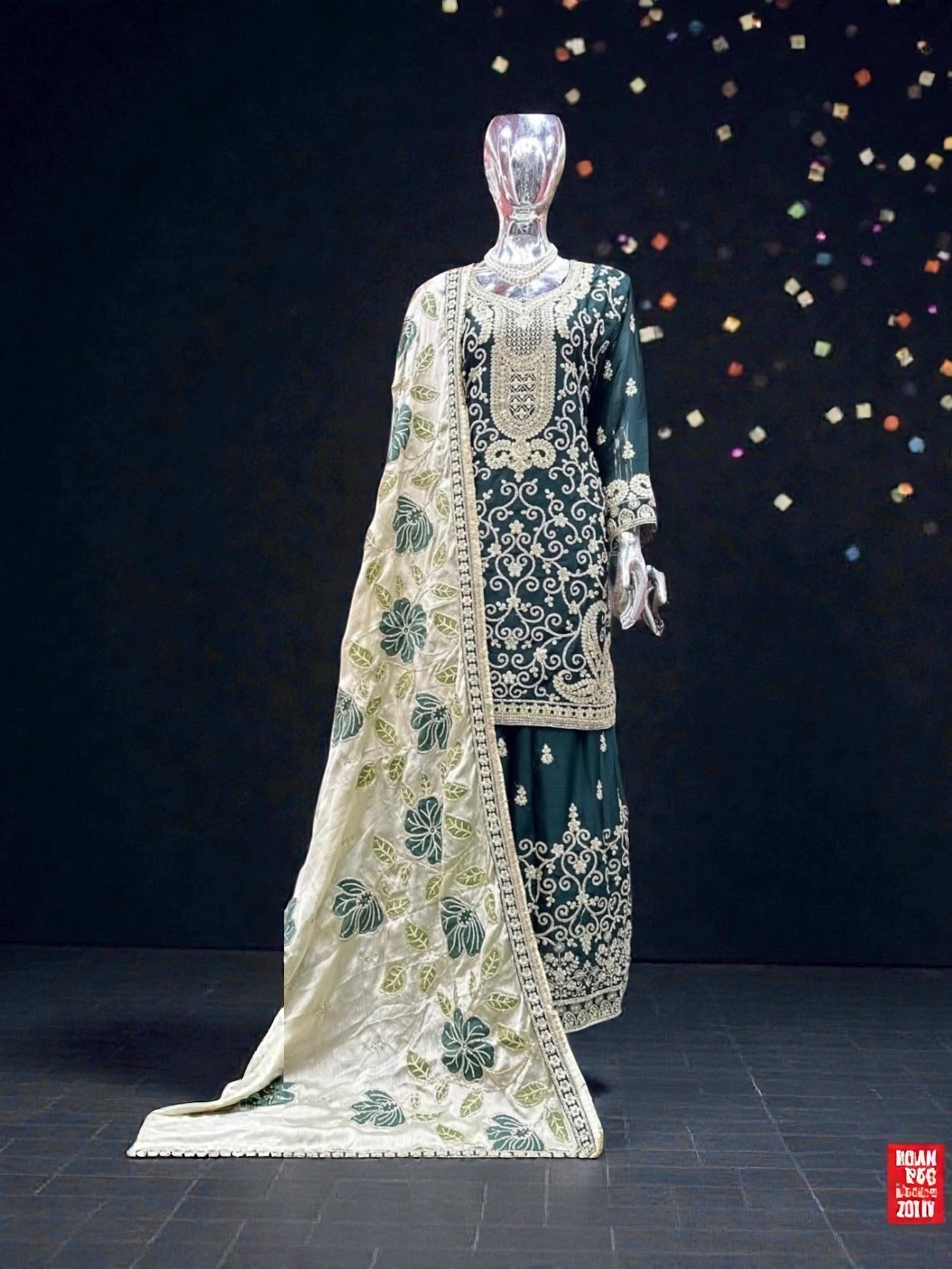 Russian Plazo dress by Saree Ghor Charlotte, a traditional women's salwar kameez with intricate patterns and vibrant colors.
