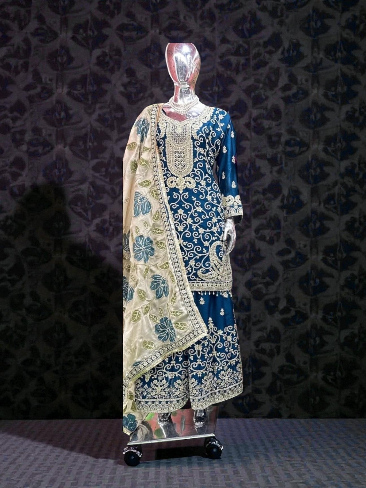 Russian Plazo Dress by Saree Ghor Charlotte, a traditional salwar kameez with intricate designs and vibrant colors for women's cultural wear.
