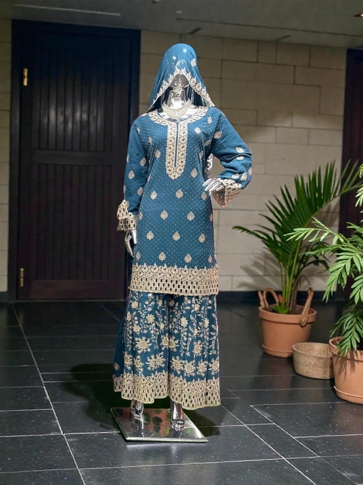 Georgette Russian plazo set for women, cultural wear salwar kameez with intricate embroidery in vibrant colors, from Saree Ghor Charlotte.