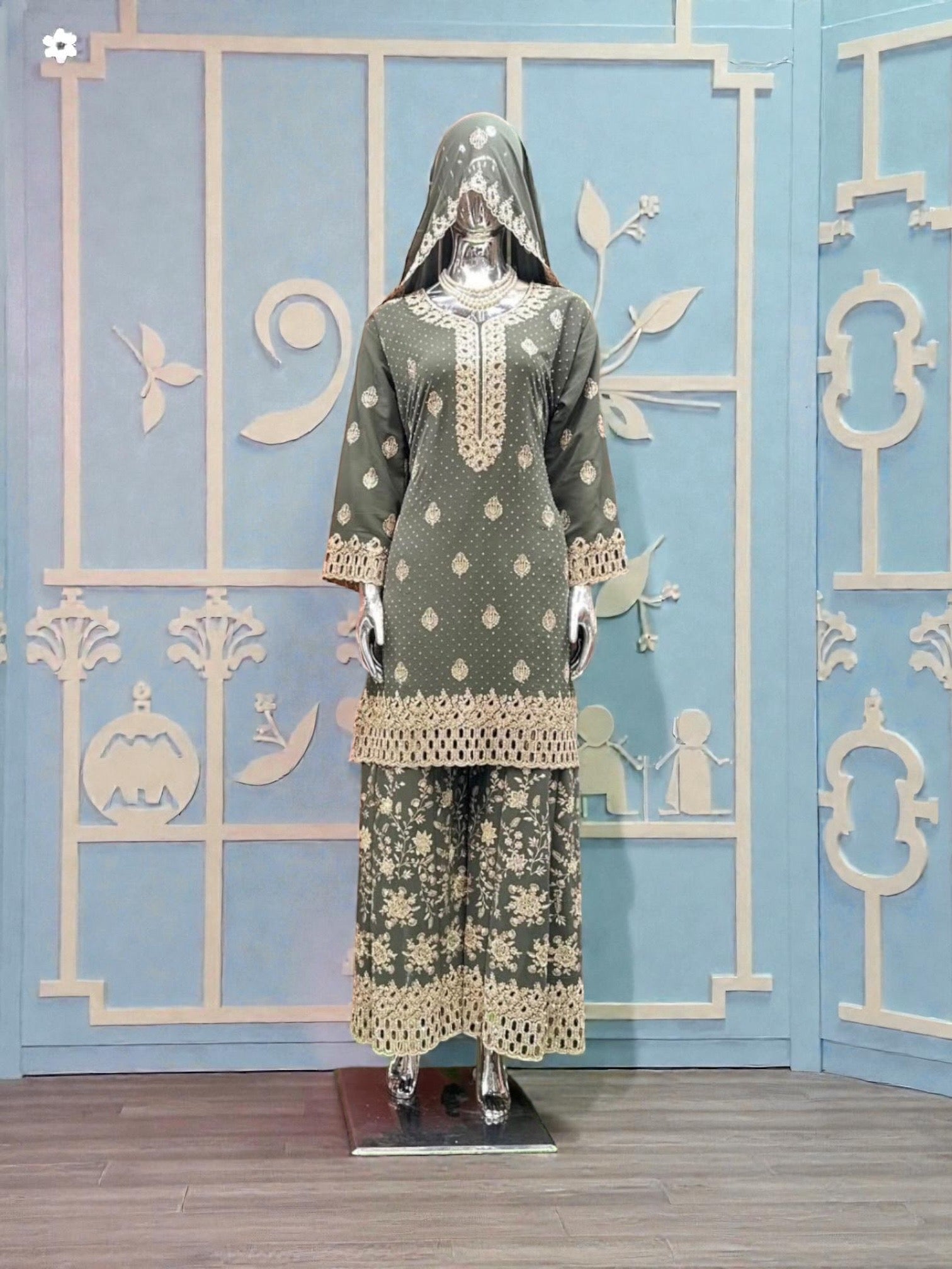 Elegant Georgette Russian Plazo Set for women featuring traditional salwar kameez design by Saree Ghor Charlotte.