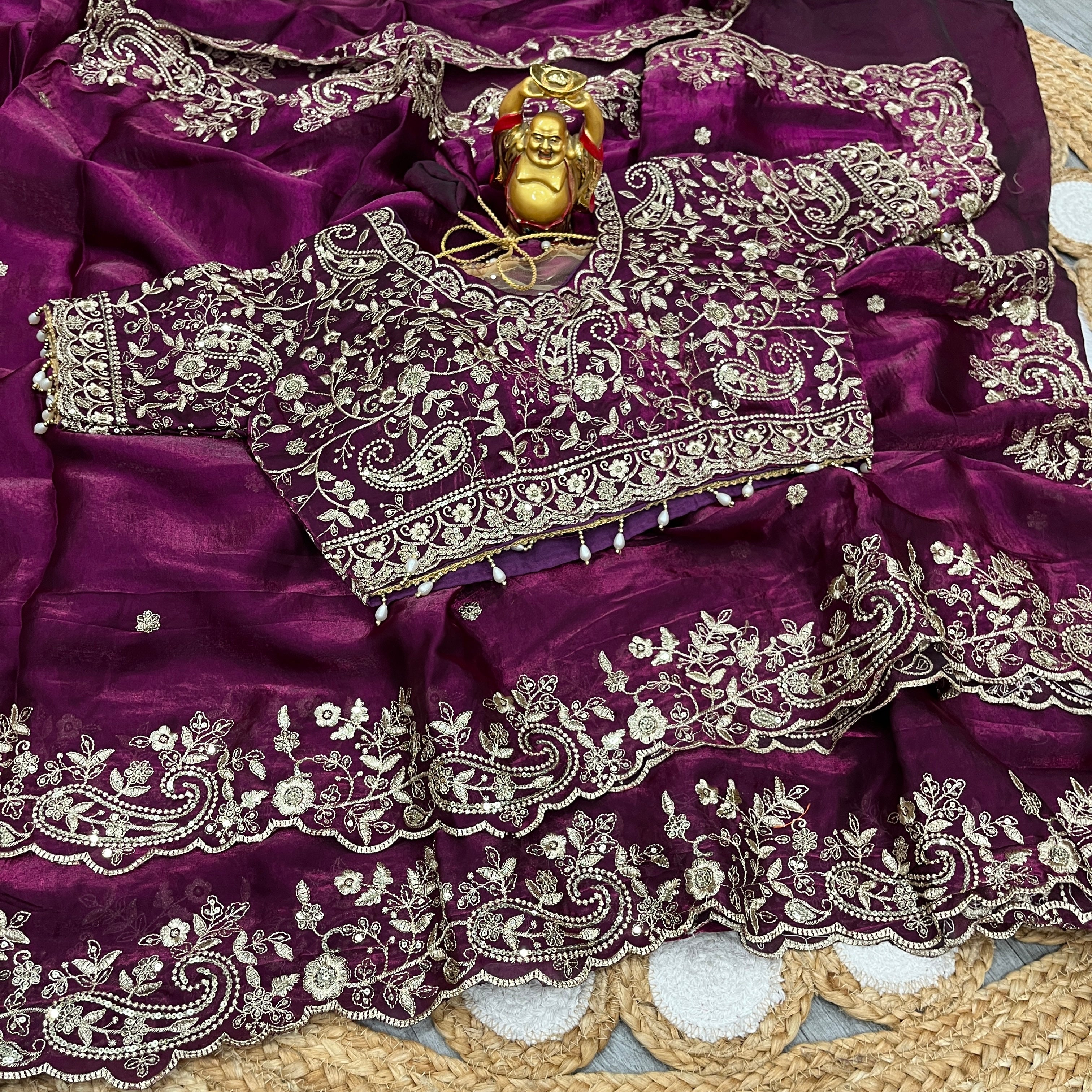 Elegant space silk traditional saree with matching ready blouse, cultural wear for women by Saree Ghor Charlotte.