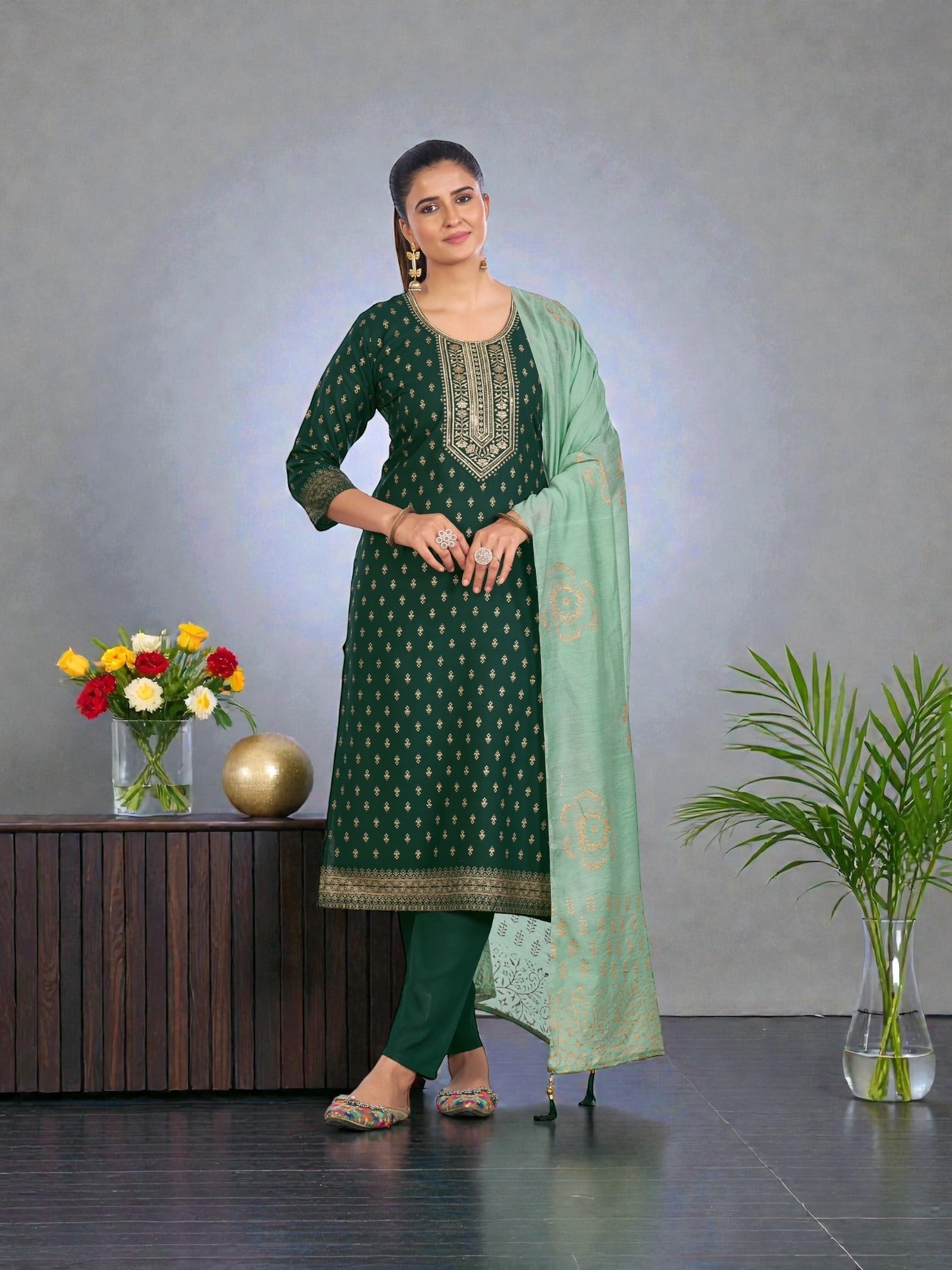 Colorful rayon printed traditional Salwar Kameez for women from Saree Ghor Charlotte, showcasing intricate patterns and cultural design.