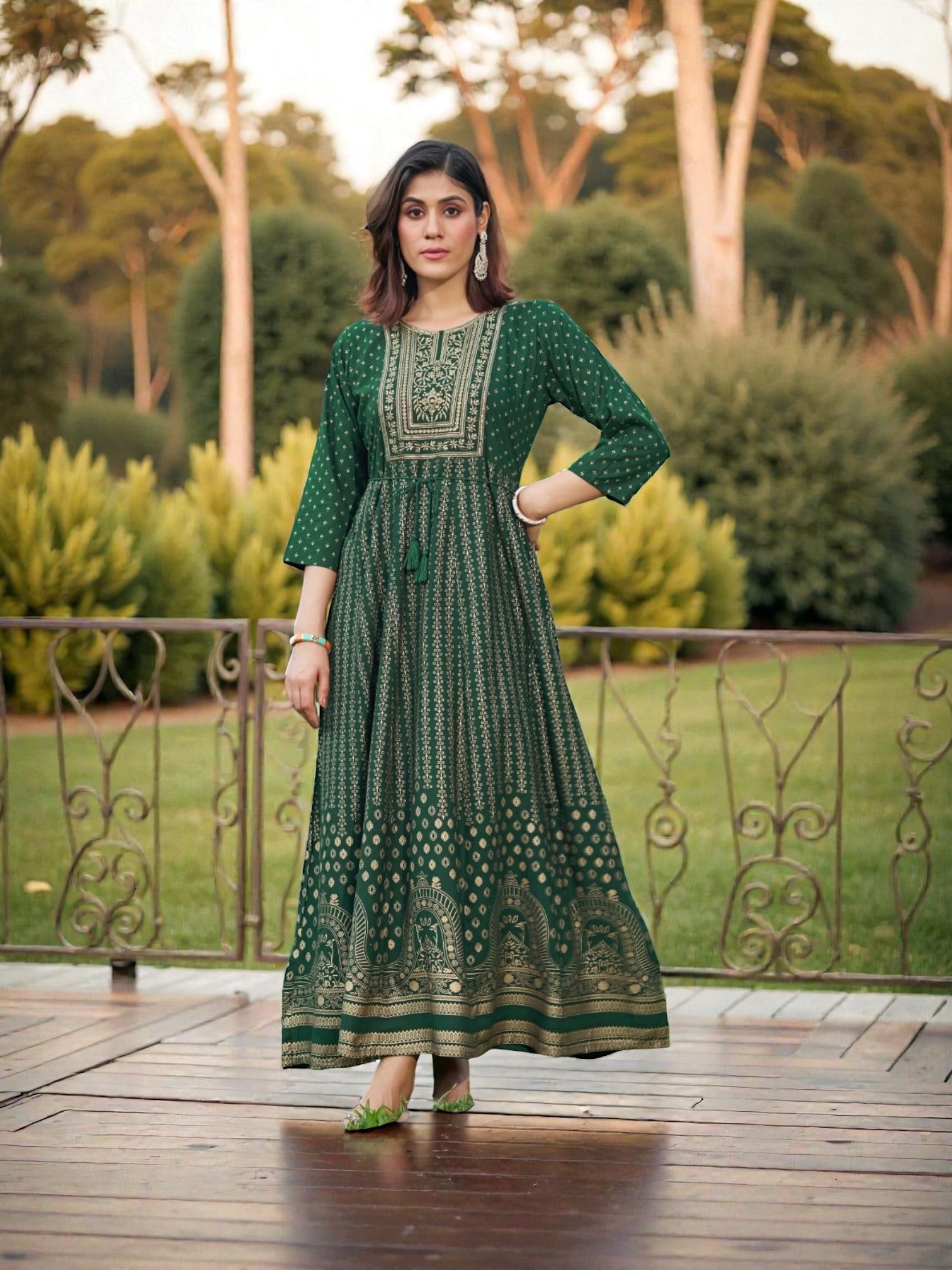 Colorful rayon print traditional kurti with intricate designs, paired with matching salwar for women’s cultural wear by Saree Ghor Charlotte.