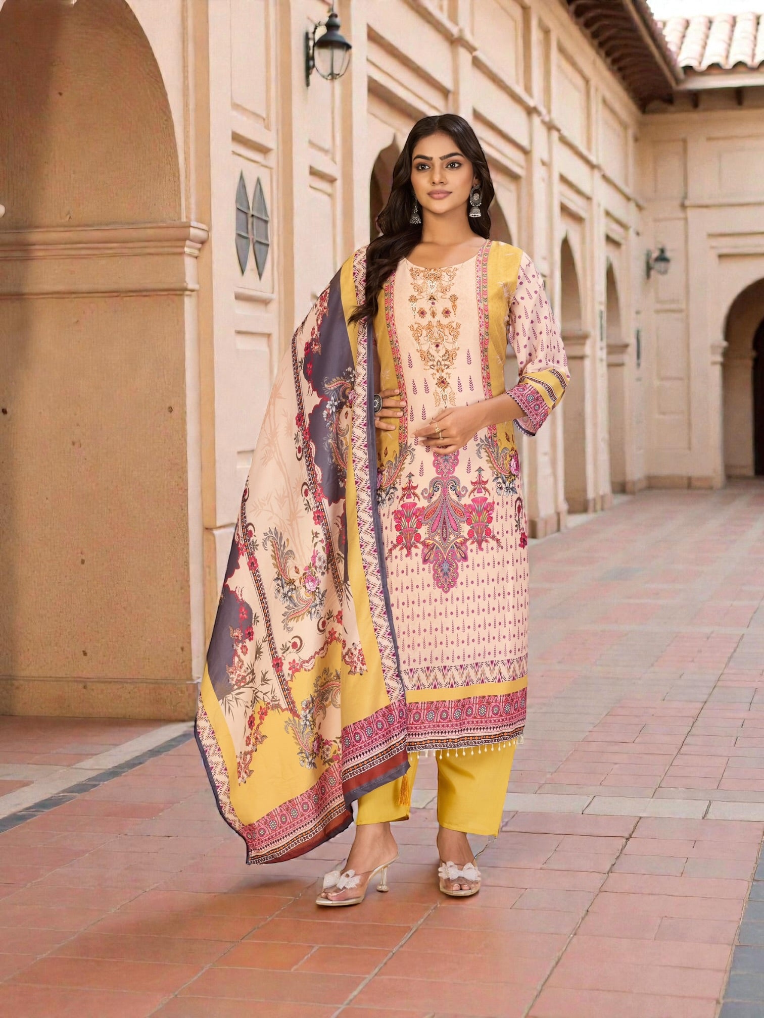 Digital printed traditional Salwar Kameez for women by Saree Ghor Charlotte, showcasing vibrant cultural wear with intricate patterns.