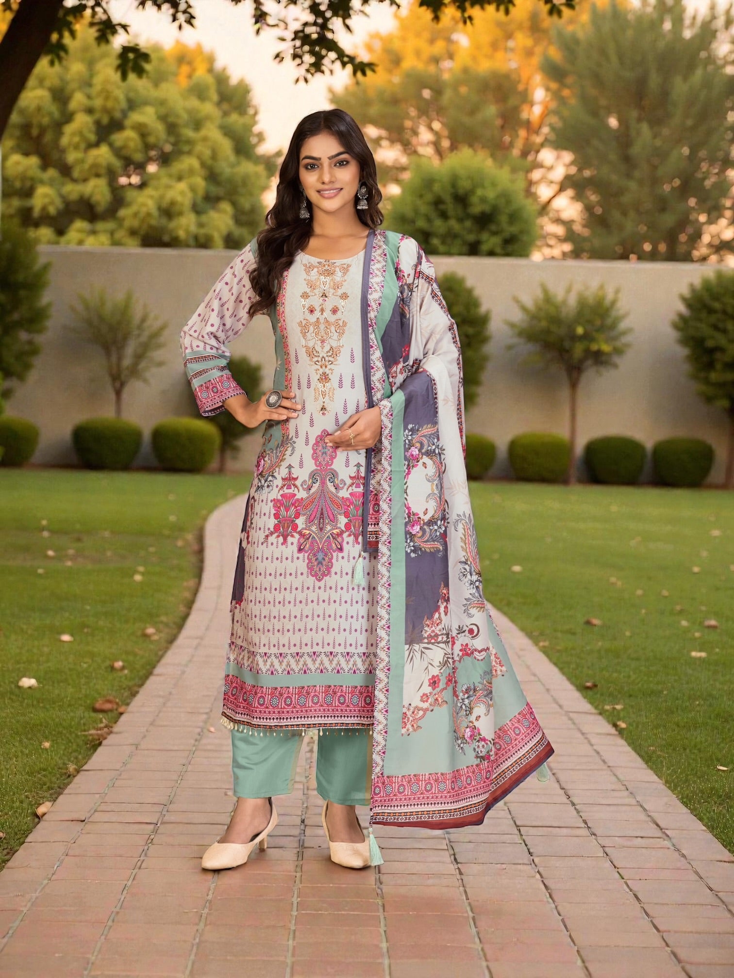 Digital printed traditional Salwar Kameez for women, showcasing vibrant colors and intricate patterns from Saree Ghor Charlotte.