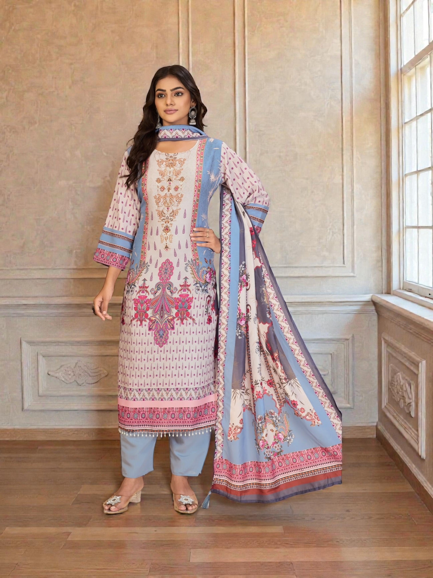 Masleen digital printed traditional salwar kameez in vibrant colors, showcasing elegant cultural wear for women.