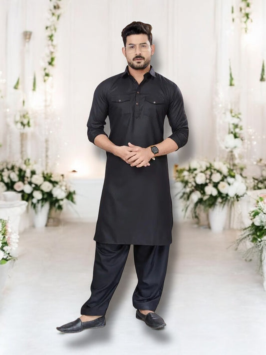 Traditional Black Pathani Cotton Kurta Pajama Outfit for Men