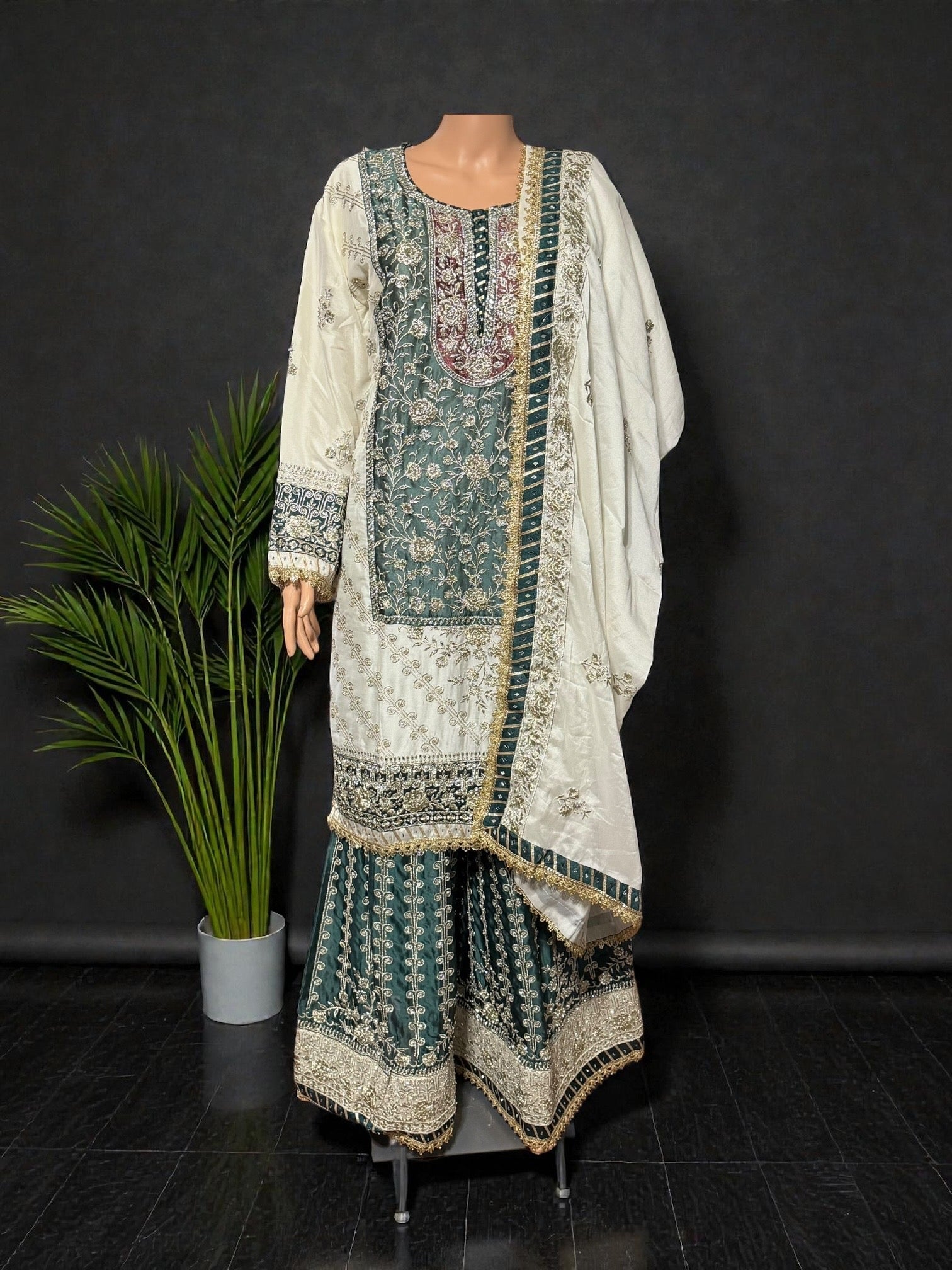 Rangoli Russian Plazo dress by Saree Ghor Charlotte, traditional salwar kameez for women with vibrant, colorful design.