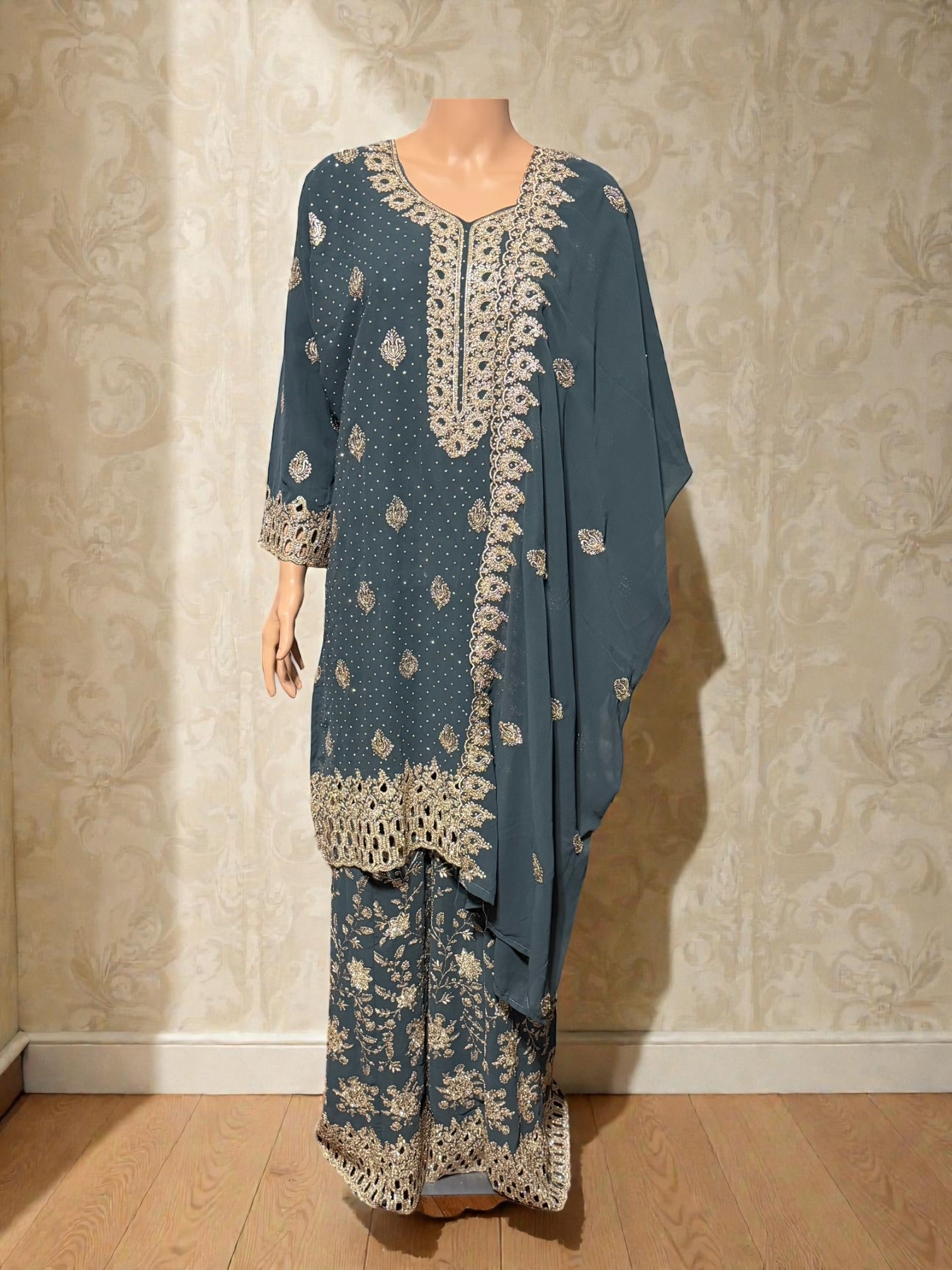 Elegant Georgette Russian plazo set by Saree Ghor Charlotte featuring traditional salwar kameez for women's cultural wear.