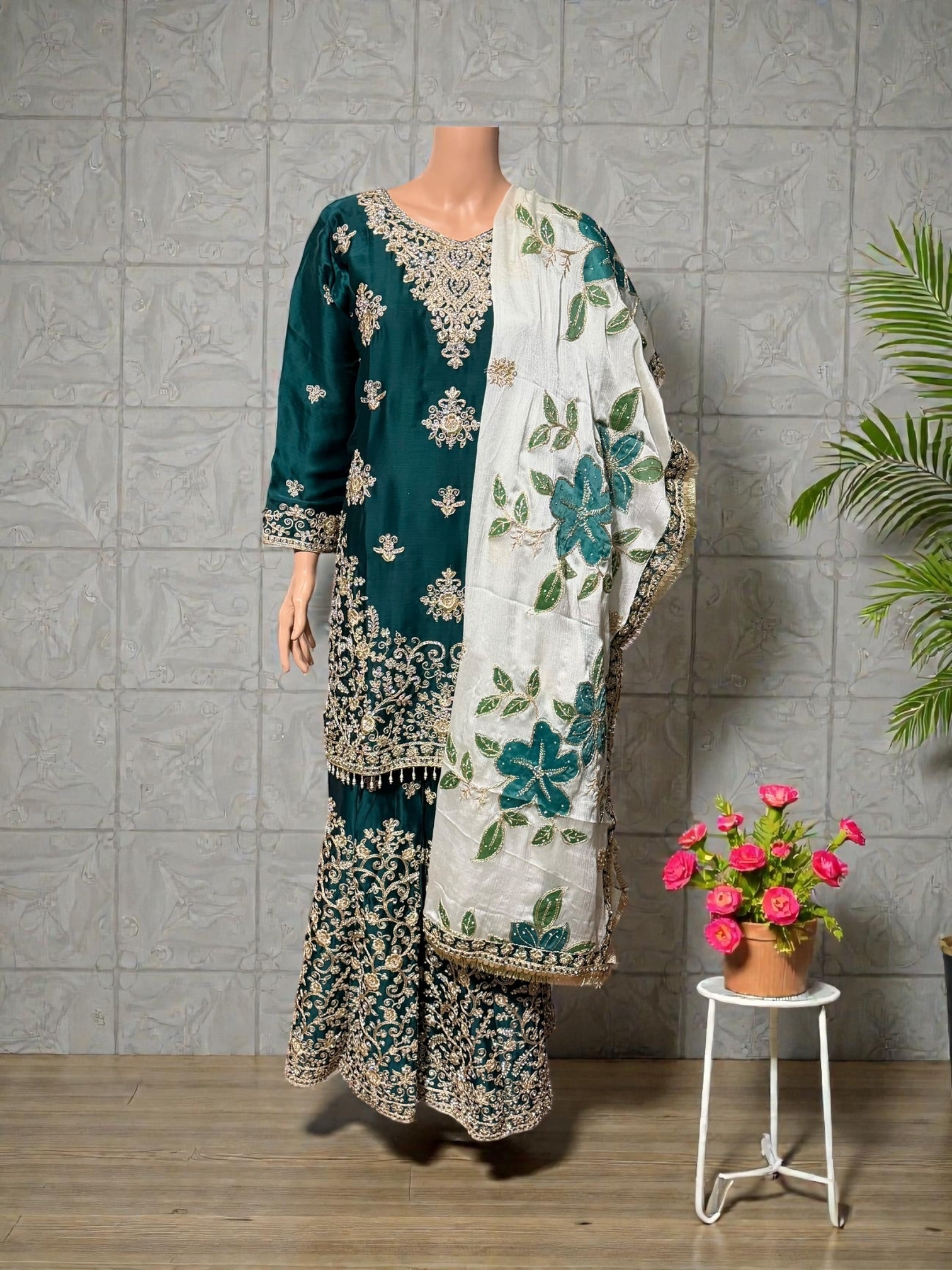 Russian Plazo dress by Saree Ghor Charlotte, traditional women's Salwar Kameez with intricate design and vibrant fabric.