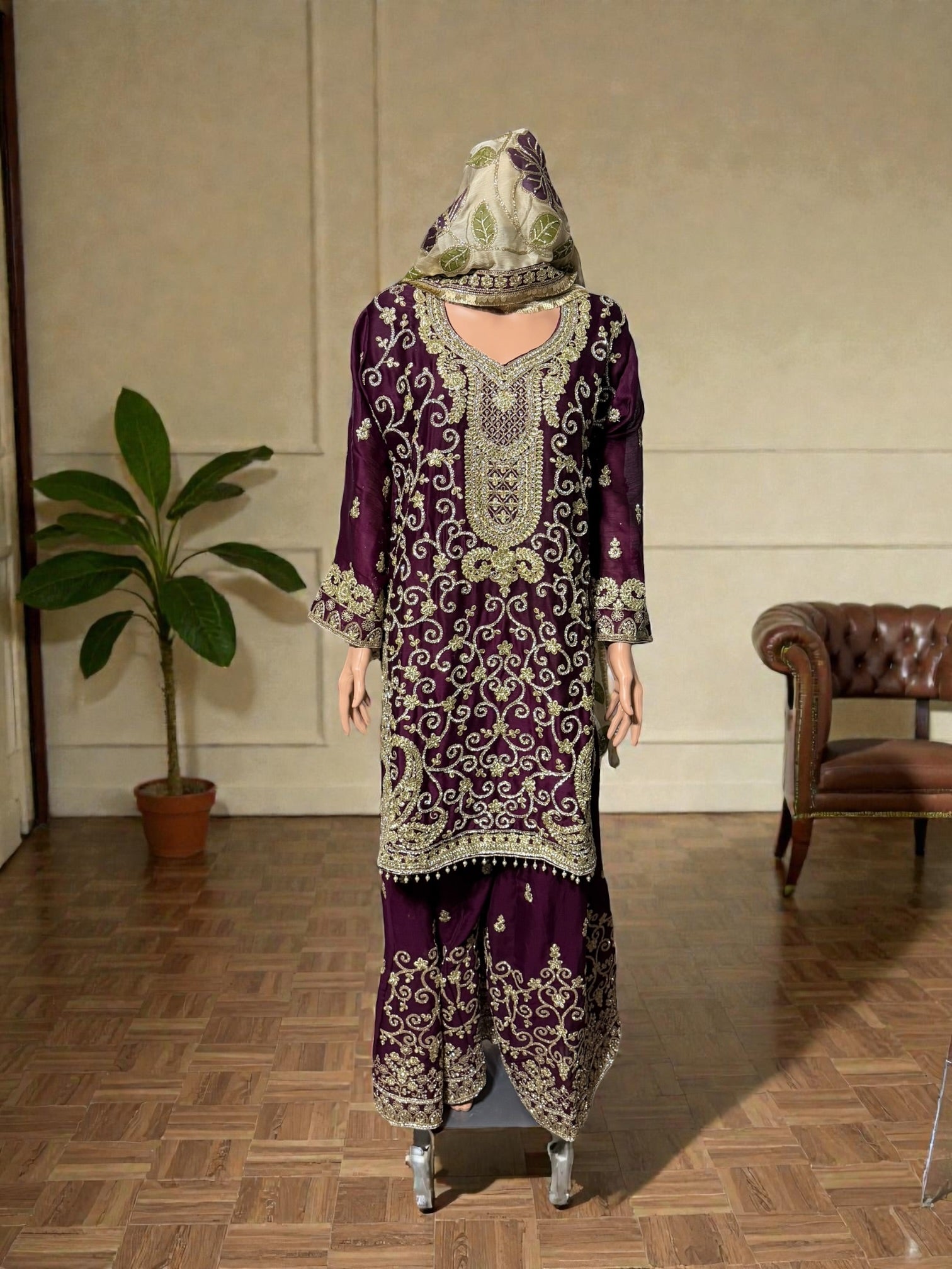 Russian Plazo Dress from Saree Ghor Charlotte, a stylish women's salwar kameez with intricate patterns and vibrant colors.