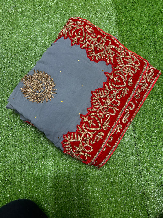 Hand-Embroidered Stone Work Saree With Readymade Blouse