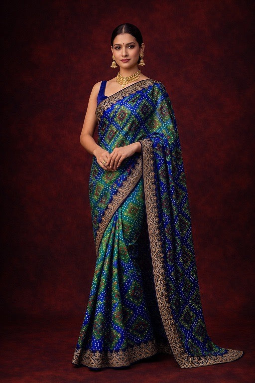 Bandhani Print Chinnon Silk Saree, Cultural Wear for Women