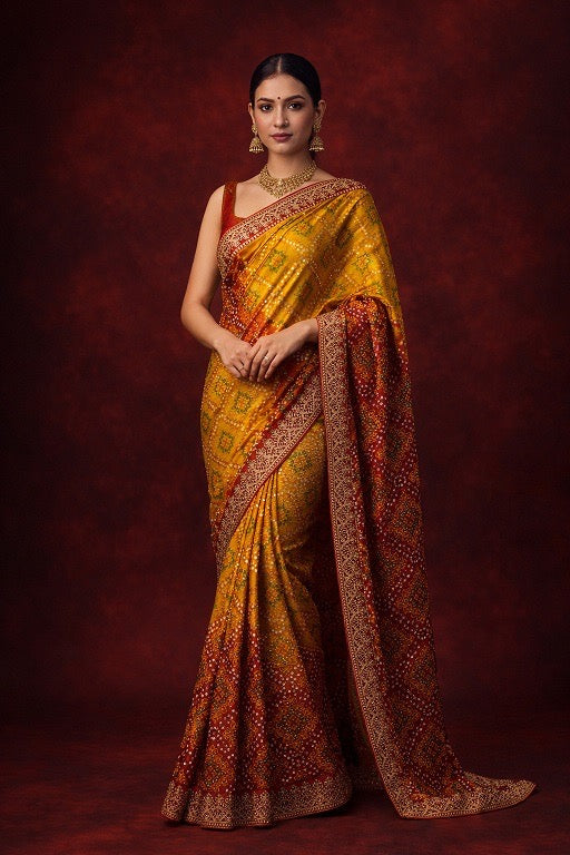 Bandhani Print Chinnon Silk Saree, Cultural Wear for Women