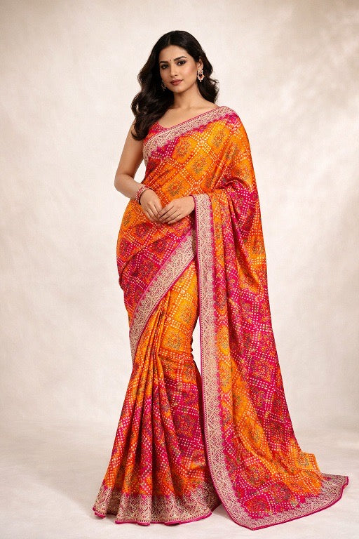 Bandhani Print Chinnon Silk Saree, Cultural Wear for Women