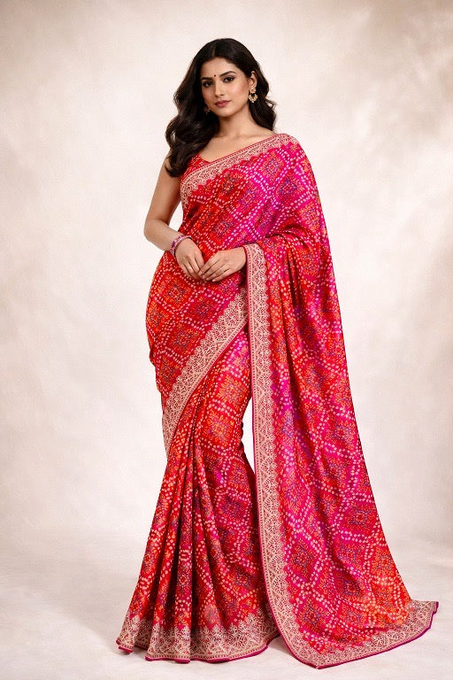 Bandhani Print Chinnon Silk Saree, Cultural Wear for Women