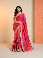 Bandhani Print Chinnon Silk Saree, Cultural Wear for Women