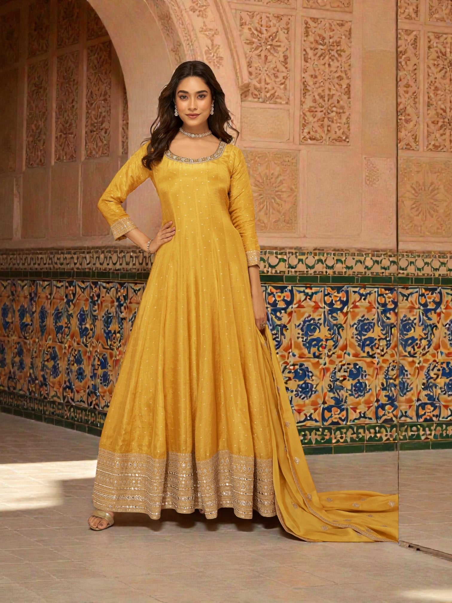 JACQUARD SILK Party Wear Gown, Cultural Wear for Women