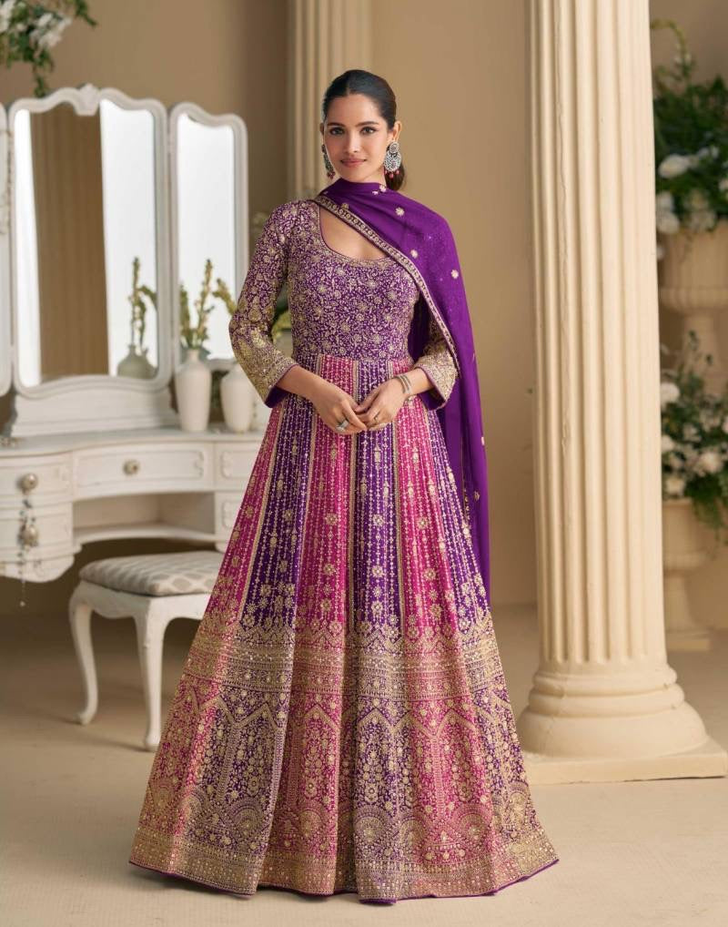 Georgette Embroidered  Party Wear Gown, Cultural Wear for Women