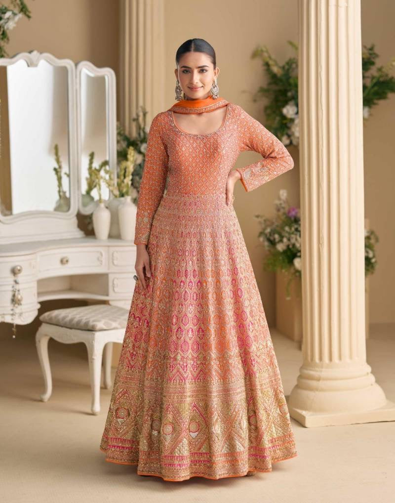 Georgette Embroidered  Party Wear Gown, Cultural Wear for Women