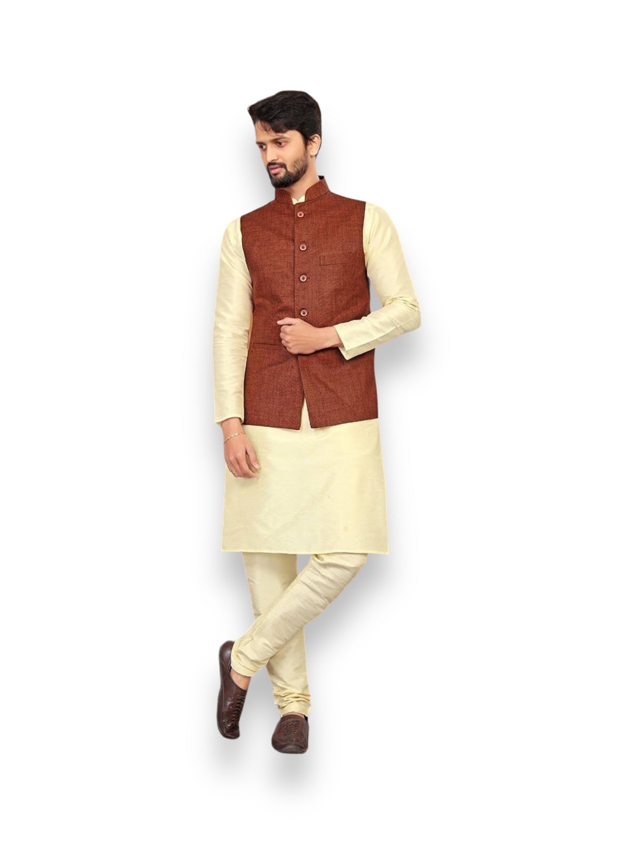 Brown Color Ethnic Wear Mens Kurta Pajama With Jacket Collection