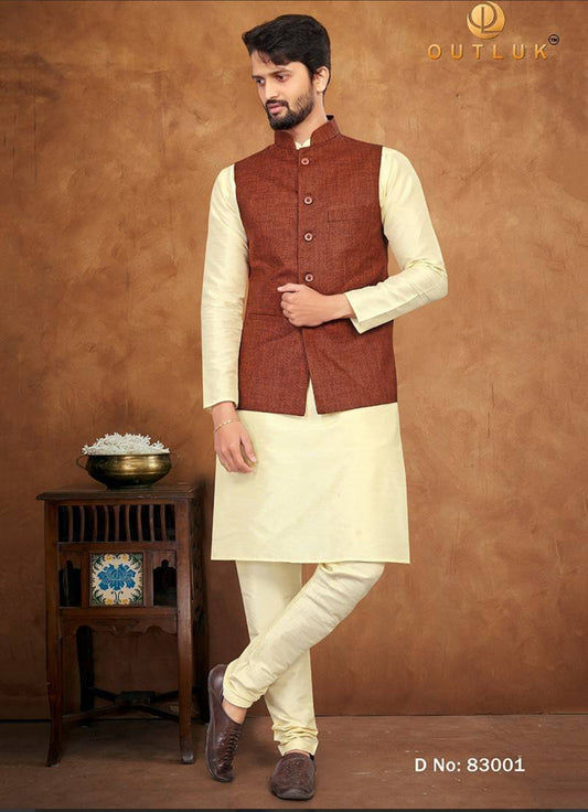 Brown Color Ethnic Wear Mens Kurta Pajama With Jacket Collection