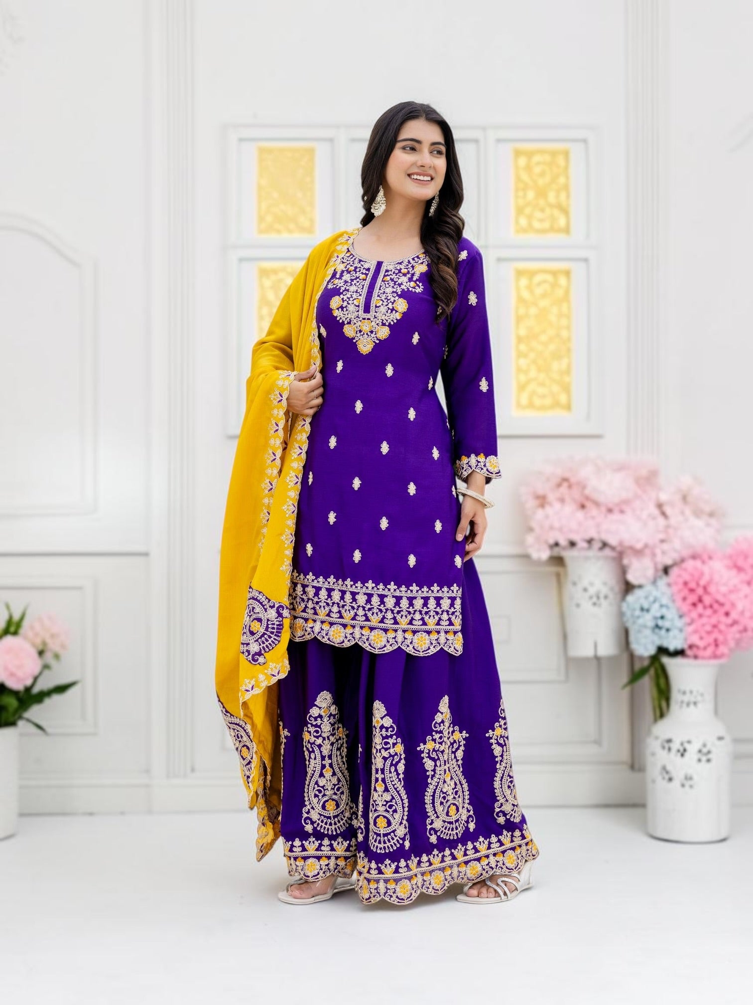 Designer Chinnon Embroidery Palazzo Suit Set, Cultural Wear for Women