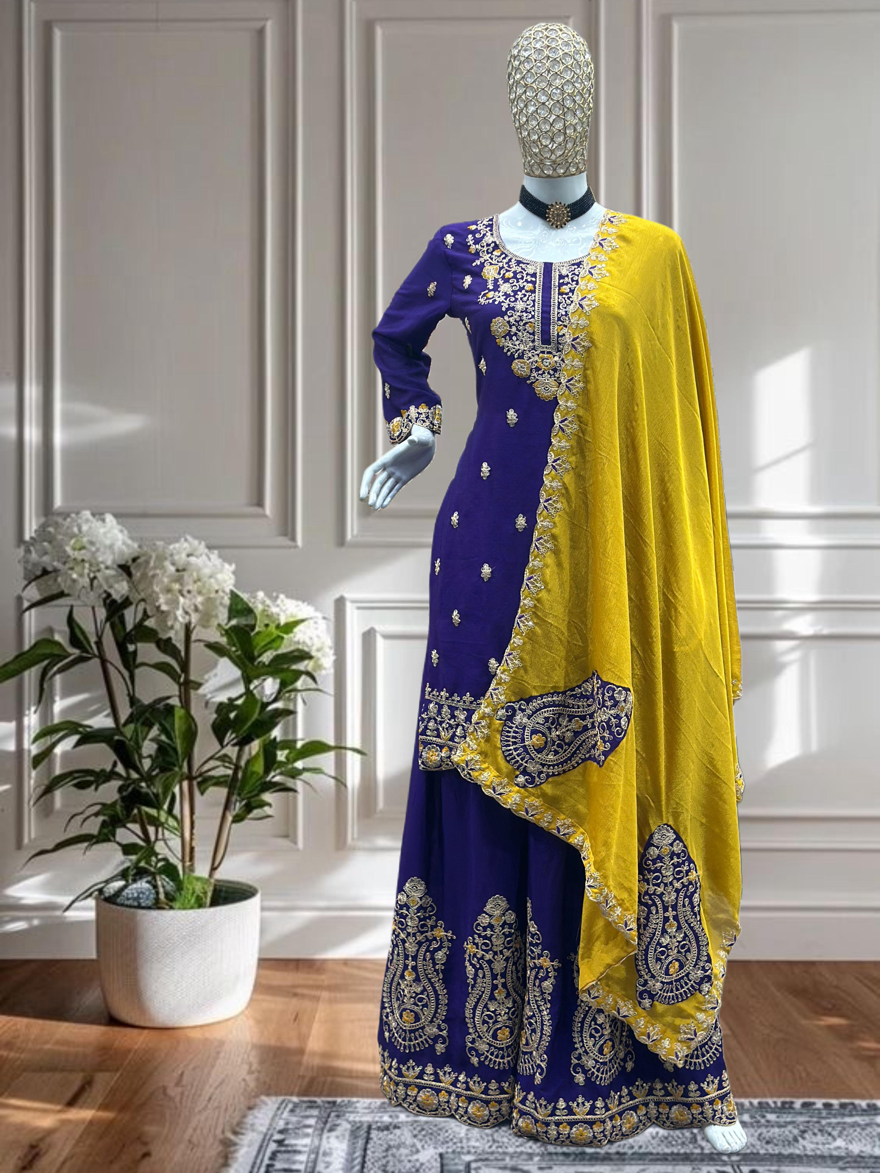 Designer Chinnon Embroidery Palazzo Suit Set, Cultural Wear for Women
