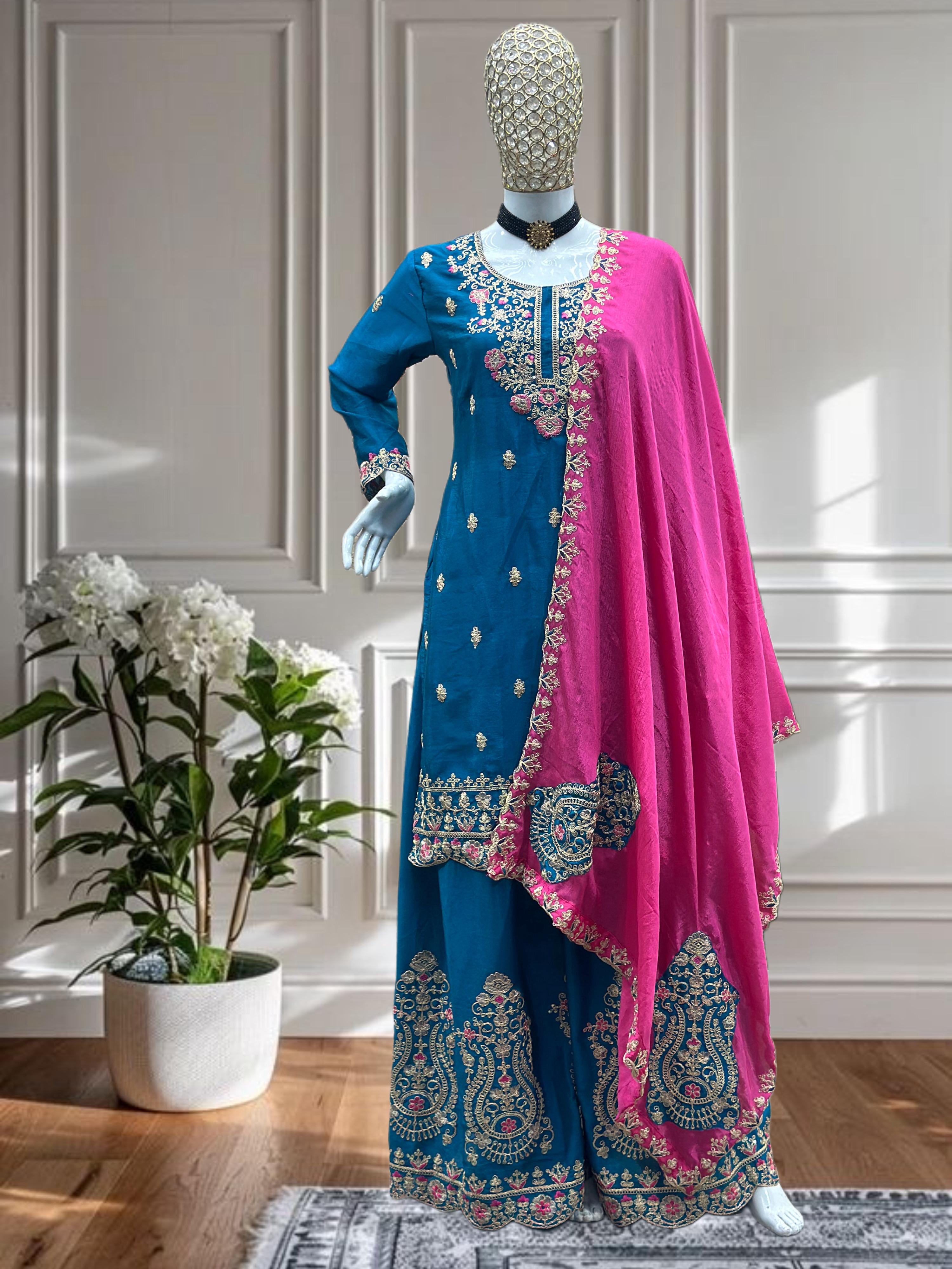 Designer Chinnon Embroidery Palazzo Suit Set, Cultural Wear for Women