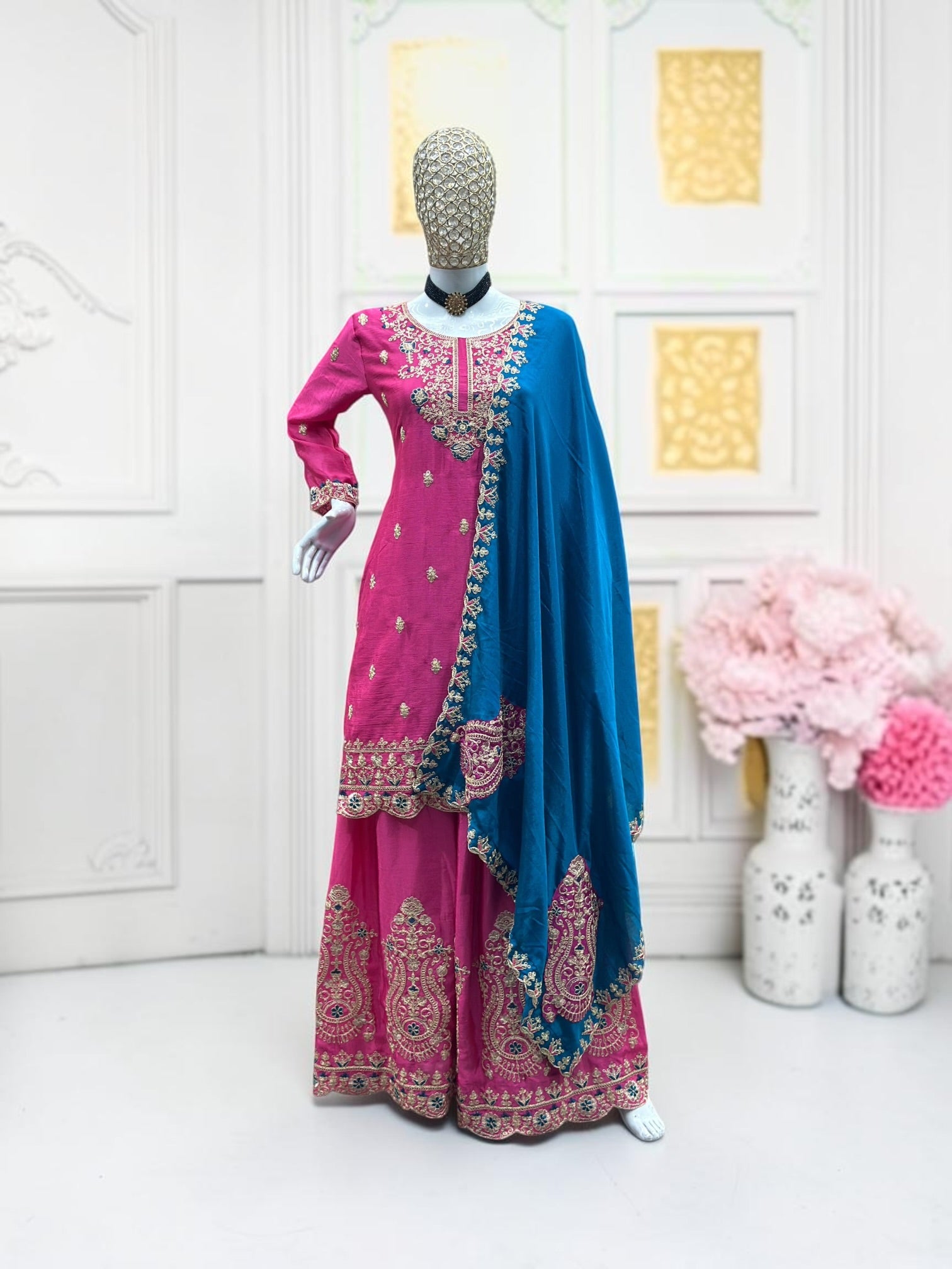 Designer Chinnon Embroidery Palazzo Suit Set, Cultural Wear for Women