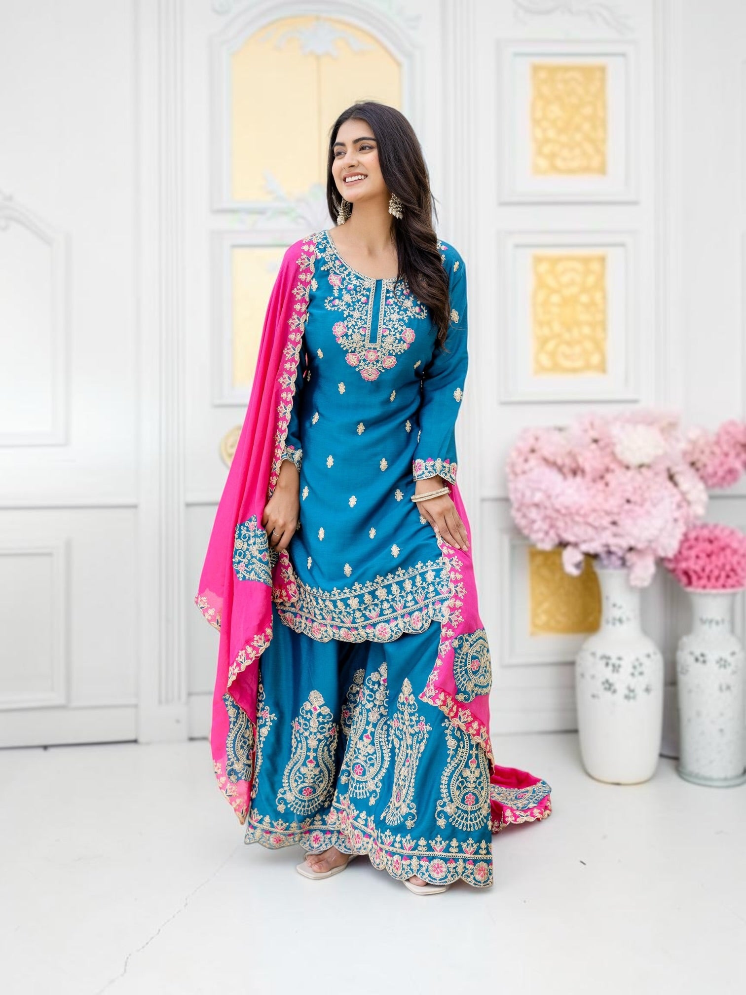 Designer Chinnon Embroidery Palazzo Suit Set, Cultural Wear for Women