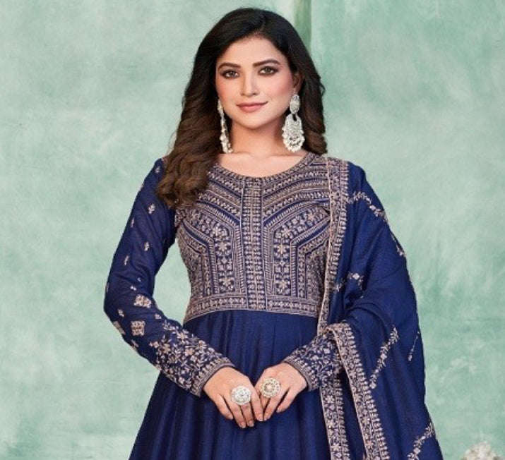 Blue Art Silk Gown with Intricate Embroidery