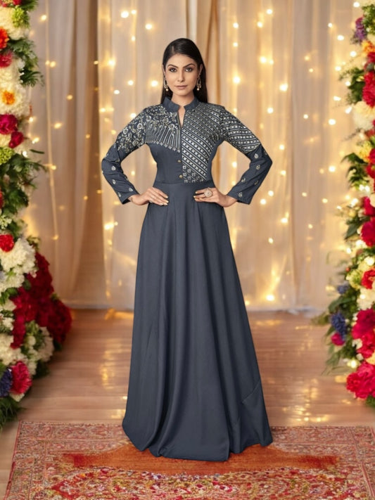 Gray Color Maslin Embroidery Traditional Designer Gown - Ethnic Wear for Women - 313