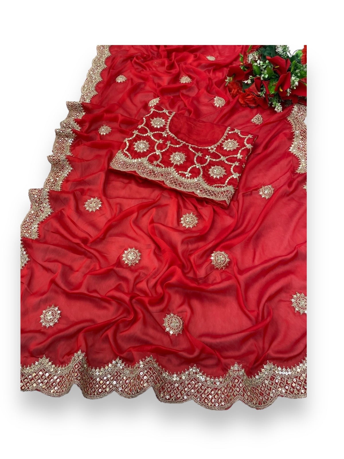 Elegant Embroidery Georgette Bridal Saree With Ready Blouse - BT384A