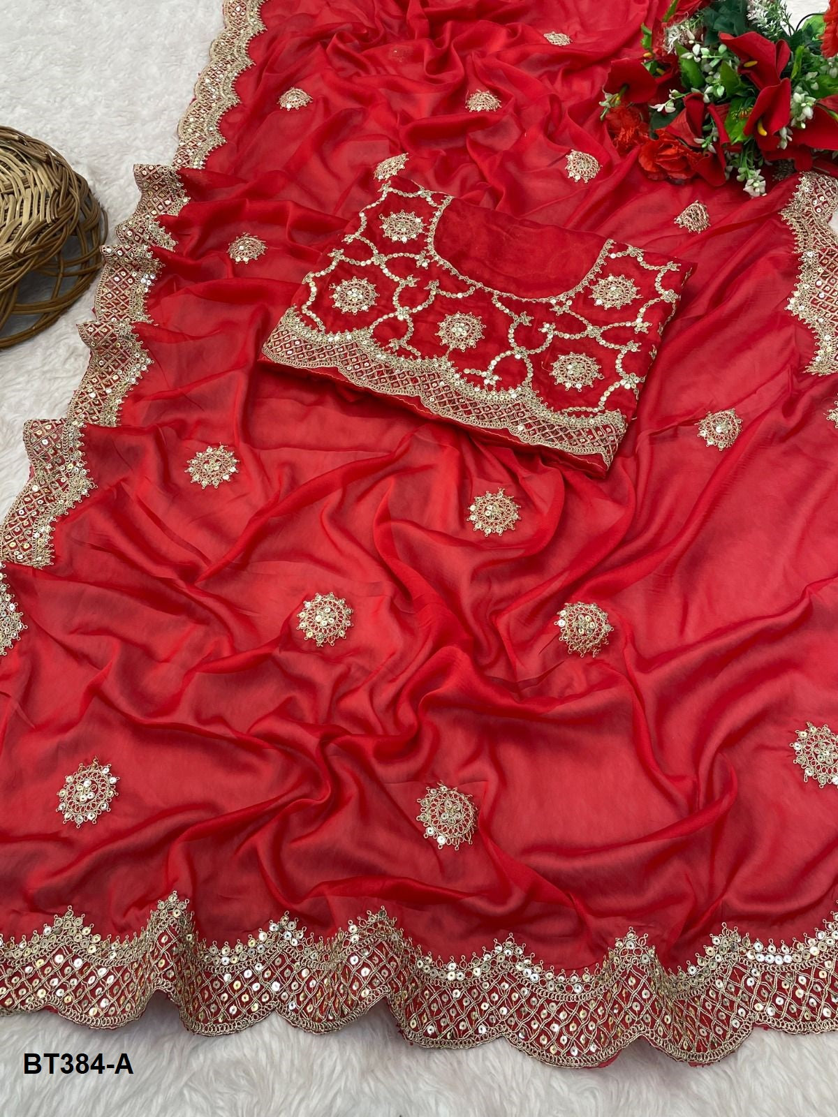 Elegant Embroidery Georgette Bridal Saree With Ready Blouse - BT384A