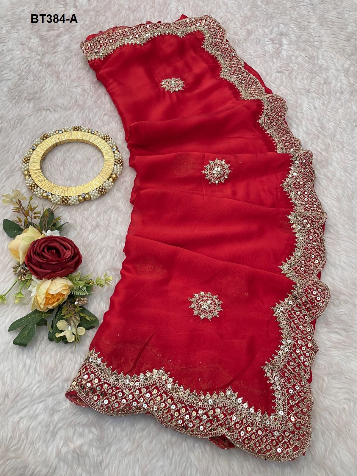 Elegant Embroidery Georgette Bridal Saree With Ready Blouse - BT384A