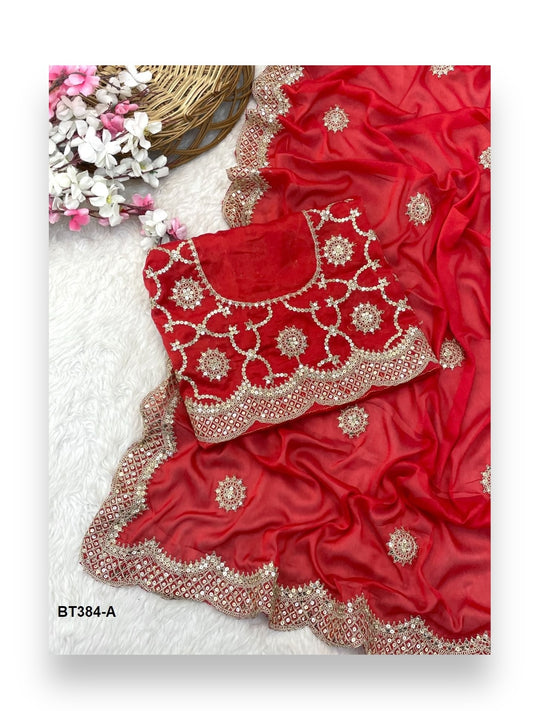 Elegant Embroidery Georgette Bridal Saree With Ready Blouse - BT384A