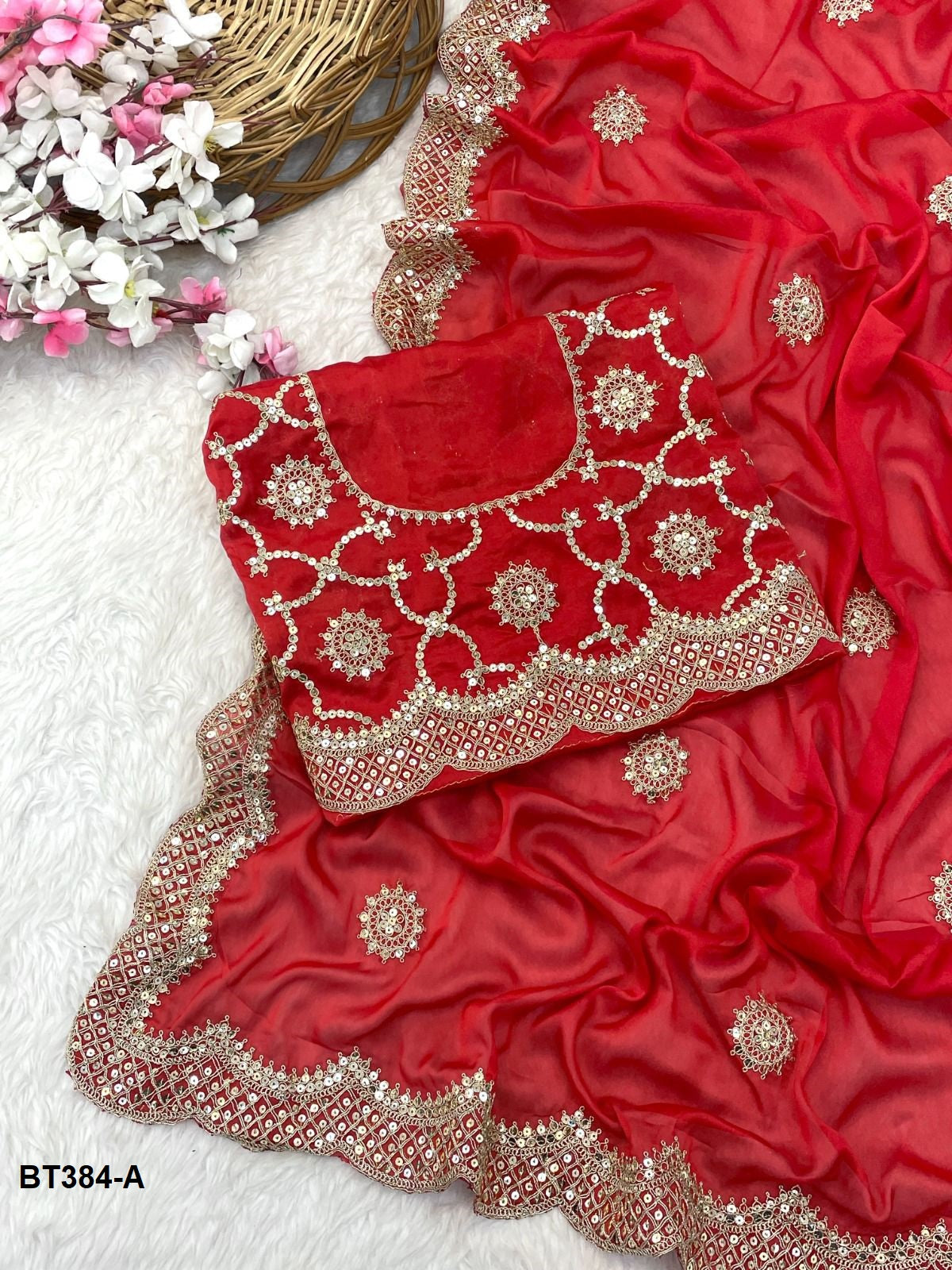 Elegant Embroidery Georgette Bridal Saree With Ready Blouse - BT384A