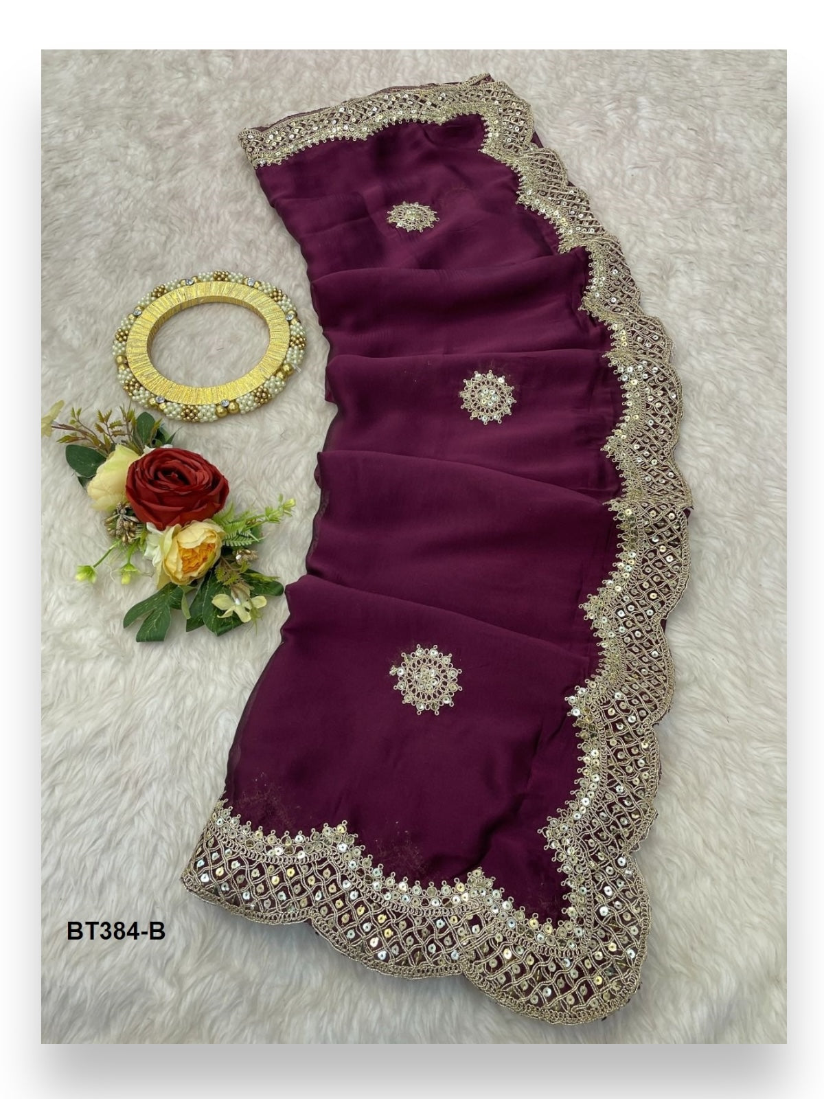 Elegant Embroidery Georgette Bridal Saree With Ready Blouse - BT384B