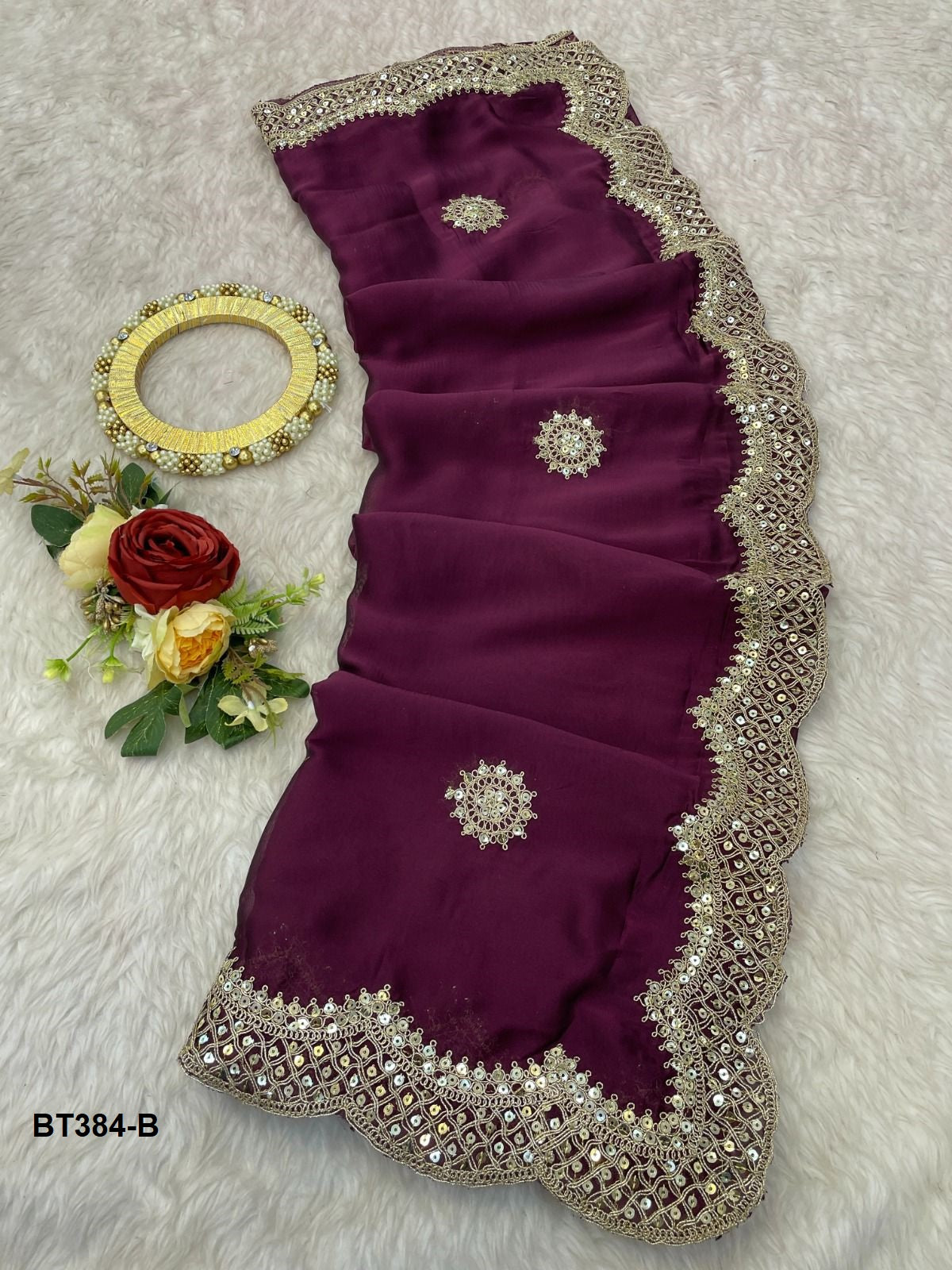 Elegant Embroidery Georgette Bridal Saree With Ready Blouse - BT384B